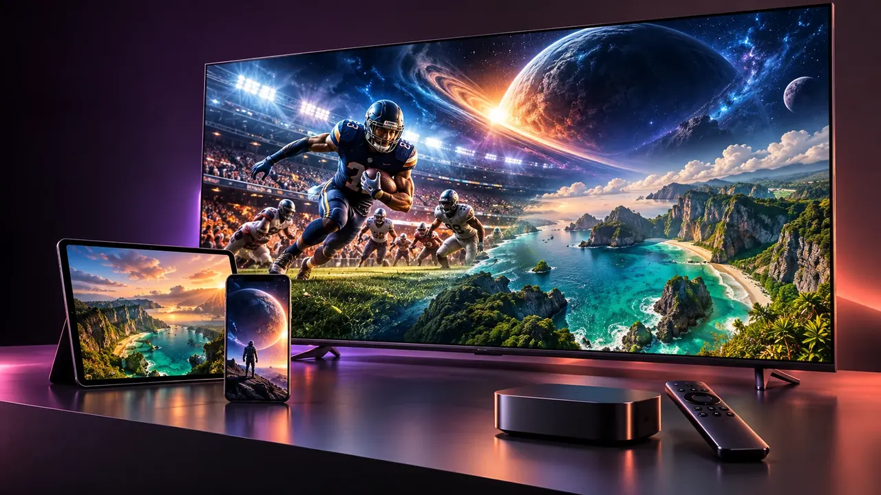 IPTV subscription on a smart television, streaming box, tablet, and phone